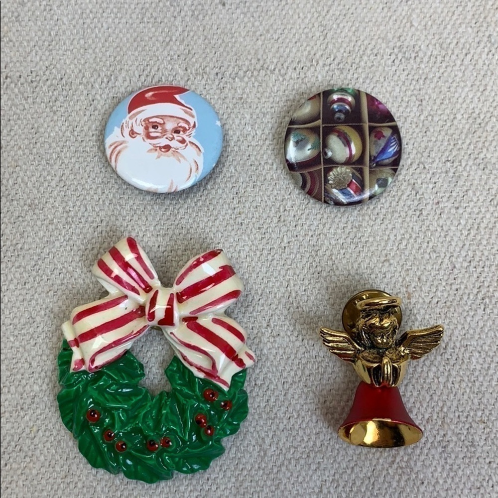 4 Holiday Theme Pins wreath angel Santa ornaments